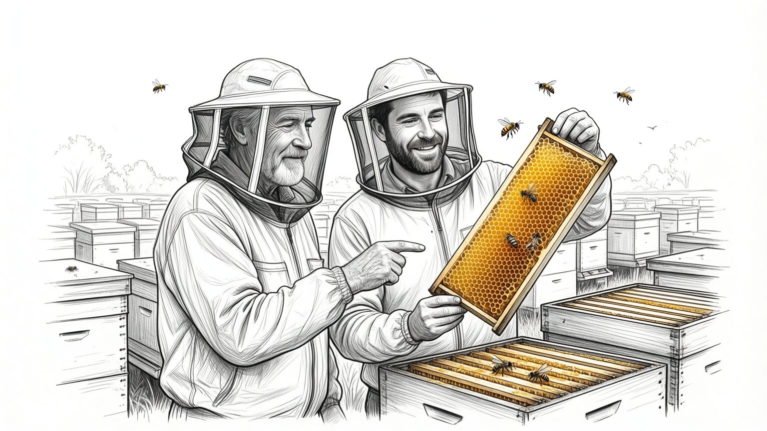 A father and son at their hives