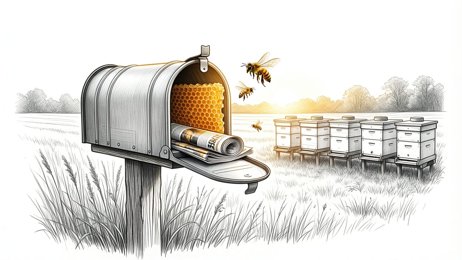 A magazine in a rural mailbox, hives in the field