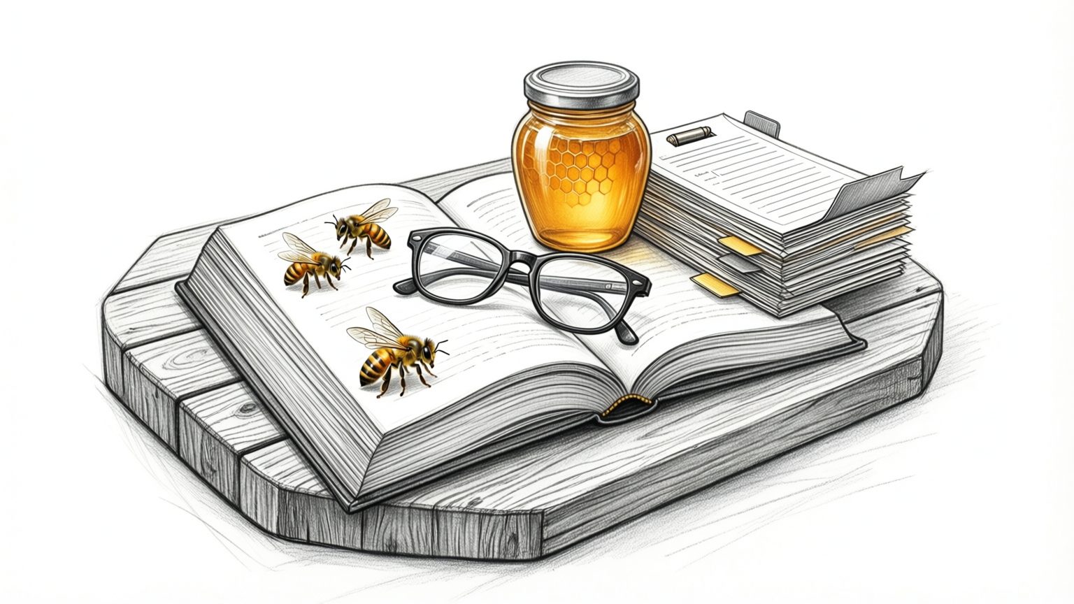 An open book on a hive lid with honey and bulletins