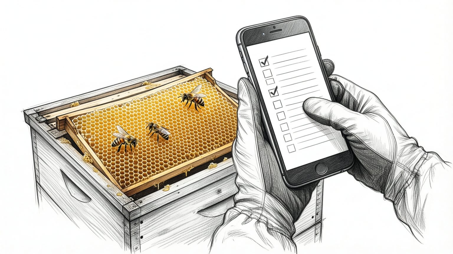 Tapping a hive checklist on a phone at the hive